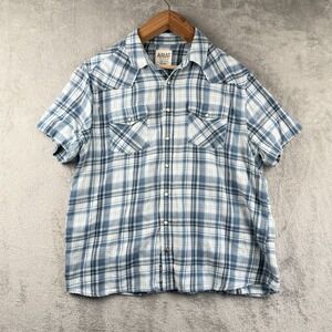 Ariat Western Pearl Snap Shirt Mens XXL Retro Fit Blue Plaid Short Sleeve Cotton
